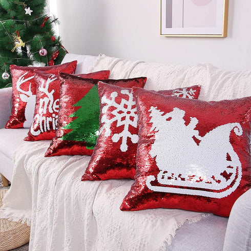 Coeufuedy Christmas Sequin Pillow Covers 18 x 18 Inch Reversible Red Sequins Pillow Case Sparkly Magic Mermaid Throw Decorative Pillowcase (Red-4 Pieces)
