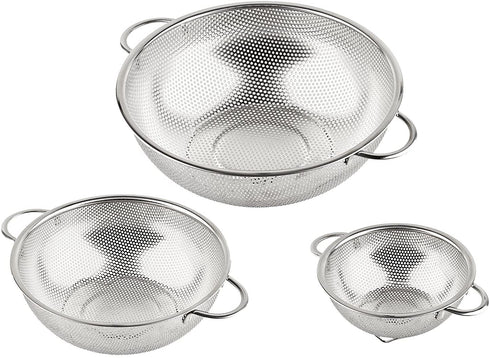 HLM 3-Piece Stainless Steel Mesh Micro-Perforated Strainer Colander Set (1-Quart, 2.5-Quart and 4.5-Quart)