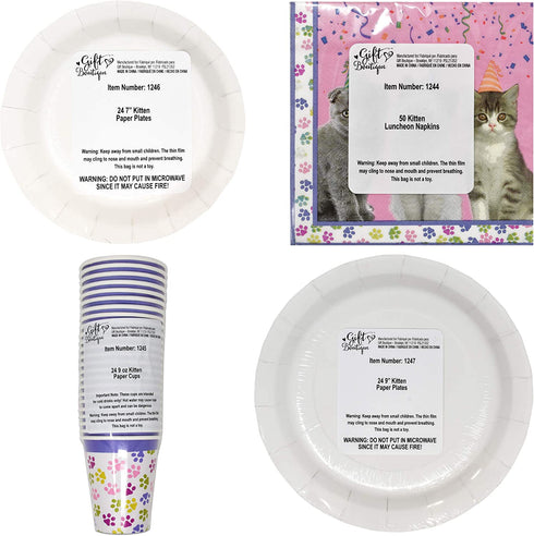 Kitten Party Supplies Set 24 9" Paper Plates 24 7" Plate 24 9 Oz Cups 50 Luncheon Napkins Kitty Birthday Decorations Paw Cat Girl Kids Themed Disposable Tableware Party Favor Good Set By Gift Boutique
