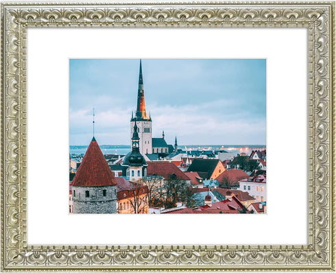 MBC MAT BOARD CENTER,11x14 Ornate Picture Frame, Silver Beige Color,Matted to 8x10 - White Mat - Tempered Glass