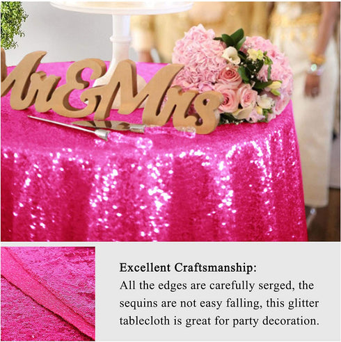 AMZLOKAE Sequin Tablecloth Round 72 Inch Hot Pink Glitter Table Cloths for Parties Dessert Tablecloth Round Sparkle Dining Table Cover Wedding Tablecloth