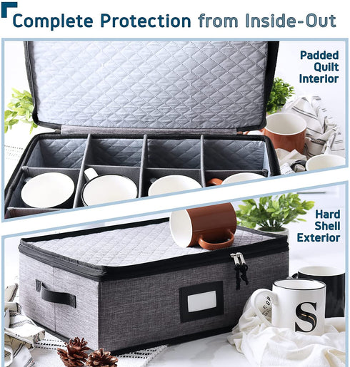 StorageBud China Storage Containers - Hard Shell, Stackable Holders For 12 Cups, Mugs, Stemless Wine Glasses Padded Dinnerware & Dish Cases with Dividers, Handles & Zippers