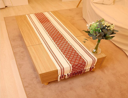 LEVIMETREE Moroccan Table Runner 14 X 72 in, Boho D©cor Washable Natural Burlap Table Runner, Tufted Tassels for Bohemian Wedding Bridal Shower Table Mat Rustic Farmhouse Dining Table D©cor, Red