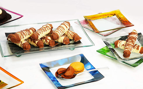 GAC Unique Landscape Design Square Tempered Glass Dessert Plates 6 Inch Set of 5 Break and Chip Resistant Attractive Multi-Colored Salad Plate Set
