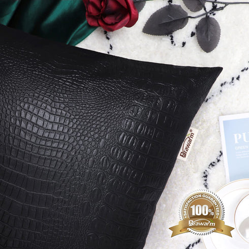 BRAWARM Black Leather Pillow Covers 20 X 20 Inches Cushion Covers Set of 2, Black Decorative Crocodile Pillow Covers, Black Leather Pillow for Living Room Garden Couch Bed Sofa