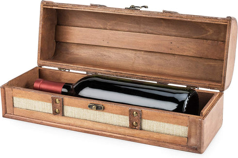 Twine Vintage Trunk Bottle Gift Wine Box with Lid and Handle Wood, Faux Leather, Brass Accents, Cloth, 1