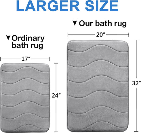 Memory Foam Bath Mat for Bathroom Non Slip Bath Rug Velvet Thick Soft and Comfortable Water Absorbent Machine Washable Easier to Dry Floor Rug Mats Waved Pattern, 20x32 Inches, Grey