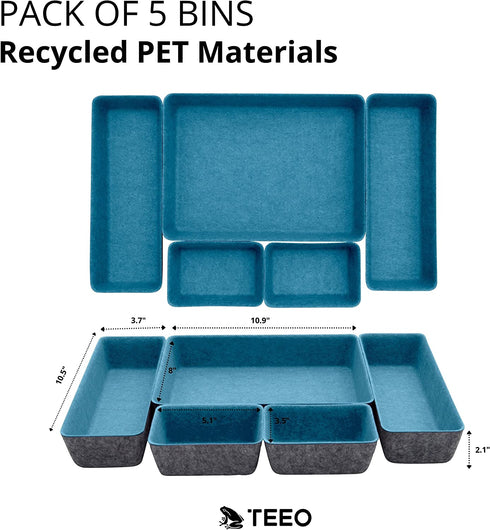 Teeo Felt Drawer Organizer Container Caddy Jewelry Tray Makeup Storage Organizers Home Office Desk Cosmetic Bins Dividers Box Compartment Nursery Bedroom Closet Organization, Pack of 5, Turquoise