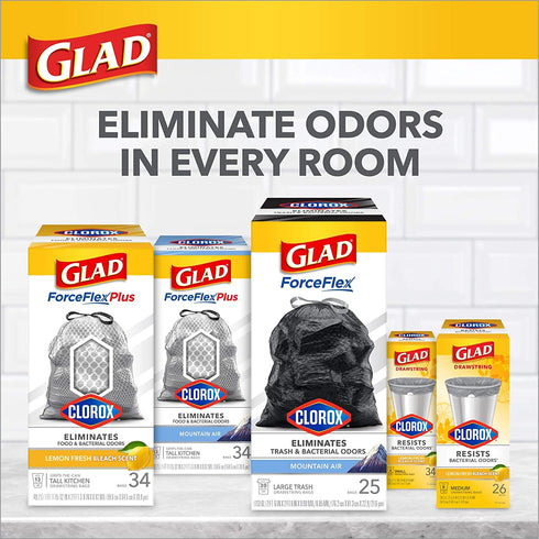 Glad Large Drawstring Trash Bags ForceFlex with Clorox, 30 Gallon Black Trash Bags, Mountain Air 50 Count (Package May Vary)