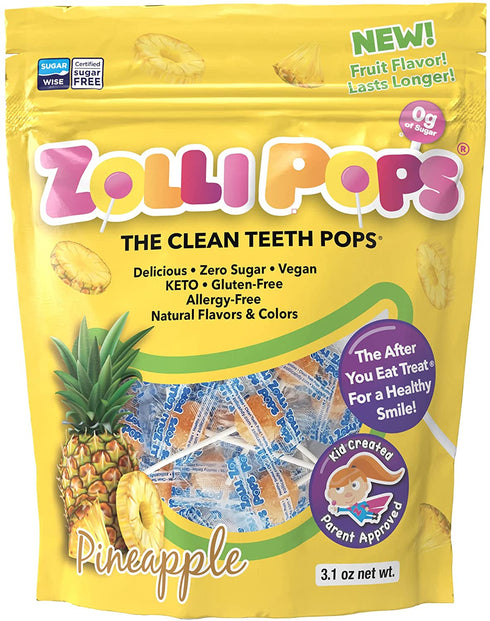 Zollipops Clean Teeth Lollipops | Anti-Cavity, Sugar Free Candy with Xylitol for a Healthy Smile - Great for Kids, Diabetics and Keto Diet (Pineapple, 3.1oz), Assorted, (3339)