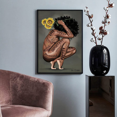 Black Women Poster African American Wall Decor Black Queen Canvas Prints Black Women Portrait Wall Art Abstract Sunflower Canvas Printing Giclee Print Unframed for Office Bedroom Decorations 16X24 in