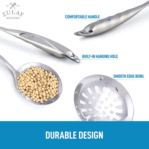 Zulay Kitchen Professional Skimmer Spoon - Stainless Steel Slotted Spoon With Extra Large Bowl & Comfortable Grip Handle - Durable Food Grade Strainer Spoon For Draining & Frying (14.5 inch)