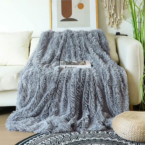 Decorative Extra Soft Faux Fur Throw Blanket 50" x 60",Solid Lightweight Fuzzy Reversible Long Hair Shaggy Blanket,Fluffy Cozy Plush Mink Fleece Comfy Microfiber Blanket for Couch Sofa Bed,Light Gray