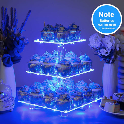 YestBuy 3 Tier Square Cupcake Stand - Premium Cupcake Holder - Acrylic Cupcake Tower Display - Cady Bar Party D©cor + LED Light String - Ideal for Weddings, Birthday Parties( Blue Light)