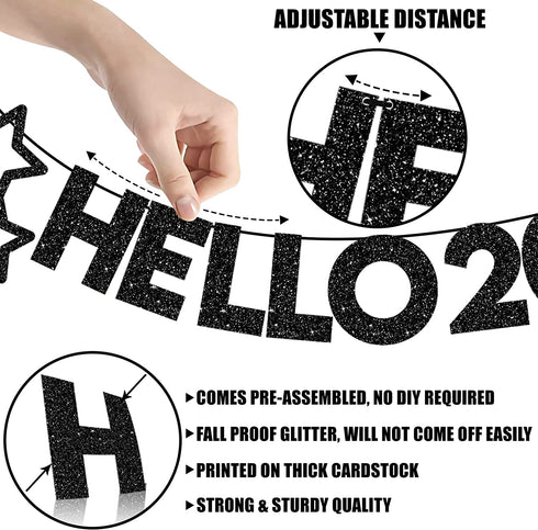 Hello 2022 Happy New Year Banner - NO DIY, Black Glitter | Happy New Year Sign for New Years Eve Party Supplies 2022 | Happy New Year Decorations 2022 | New Years Eve Banner for NYE Decorations 2022
