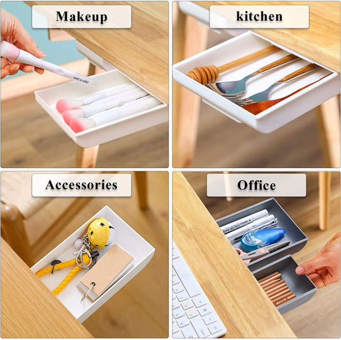 4 Pieces Under Desk Drawer Organizer, 8.8" Long, 3.5"/5.3" wide,Vankcp Expandable Self-Adhesive Drawer, Pop-Up Hidden Drawer Organizer Storage Set for Office School Home Desk, White,Gray