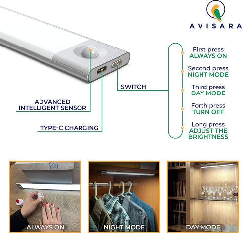 AVISARA Under Cabinet Lights Wireless - Motion Sensor Light Indoor - Led Under Cabinet Lighting - Battery Operated Lights for Closet - Closet Lights Motion Sensored - Under Counter Lights for Kitchen