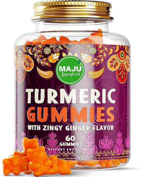 MAJU Turmeric Curcumin Gummies 60ct, Zingy Ginger Taste, Black Pepper Extract for Enhanced Absorption and Potency, Use for Joints, Inflammation & Pain Support, Tumeric Gummies for Adults and Kids