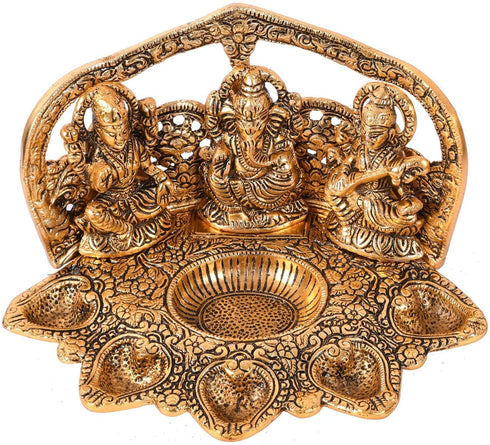 NOBILITY Laxmi Ganesha Saraswati Idol Diya Oil Deepak - Metal Lakshmi Ganesha Showpiece Statue - Traditional Diya for Diwali Puja - Diwali Home Decoration Items Gift