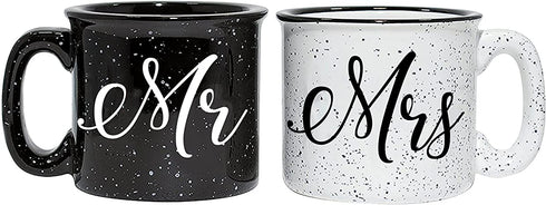Mr and Mrs Couples Camping Ceramic Coffee Mug Set 15oz - Unique Wedding Gift For Bride and Groom - His and Hers Anniversary Present Husband and Wife - Engagement Gifts For Him and Her