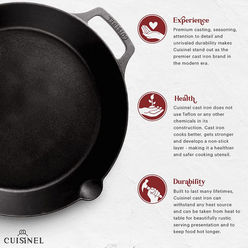 Cast Iron Skillet - 12"-Inch Dual Handle Frying Pan + Silicone Handle Holder Covers + Pan Scraper - Pre-Seasoned Oven, Grill, Fire, BBQ, Stovetop, Induction Safe Kitchen Cookware - Indoor/Outdoor Use