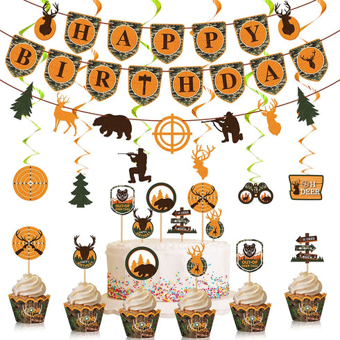 62 Pieces Hunting Birthday Party Decorations Hunting Party Supplies Camo Party Supplies Hunting Birthday Banner Deer Birthday Decorations Camo Cake Toppers Hunting Swirls Decorations