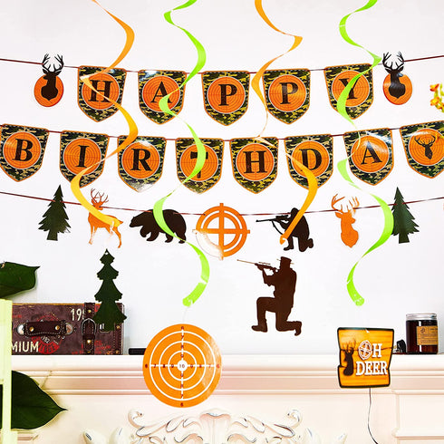62 Pieces Hunting Birthday Party Decorations Hunting Party Supplies Camo Party Supplies Hunting Birthday Banner Deer Birthday Decorations Camo Cake Toppers Hunting Swirls Decorations