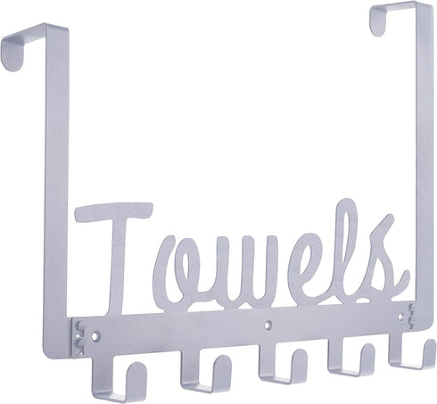 Over The Door 5 Hooks Door Hanger; Over The Door Towel Rack Bathroom Organizer for Hanging Towels Robe Coat Shirt Hat-Silver
