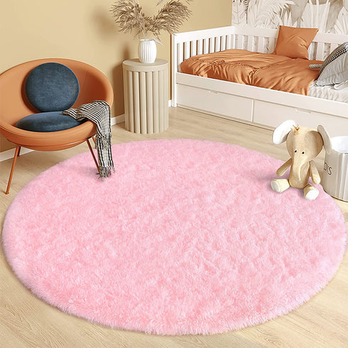 ISEAU Fluffy Round Rug Carpets, Modern Shaggy Circle Rug for Kids Bedroom Extra Comfy Cute Nursery Rug Small Circular Carpet for Boys Girls Room Home Decor Area Rug, 4ft Rugs, Pink