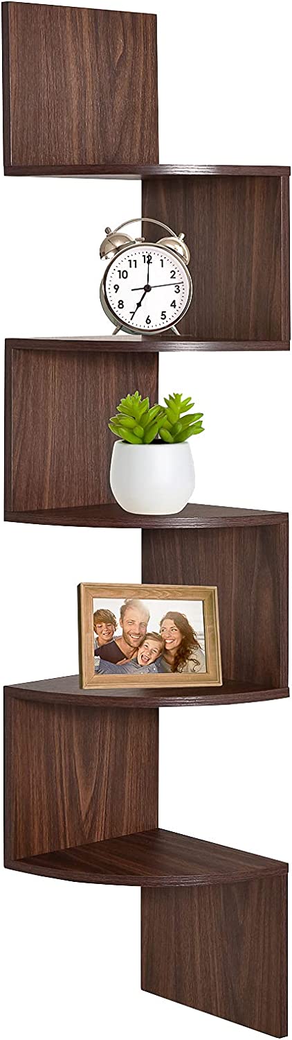 Corner Shelf, Greenco 5 Tier Floating Shelves for Wall, Easy-to-Assemble Wall Mount Corner Shelves for Bedrooms and Living Rooms, Rustic Walnut Finish