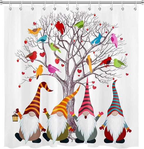 HVEST Spring Gnome Shower Curtain Cute Gnomes Under Red Loving Heart Tree Colorful Birds Cardinals Shower Curtain Summer Fall Funny Bathroom Decor Waterproof Durable with 10 Hooks 69X70Inches