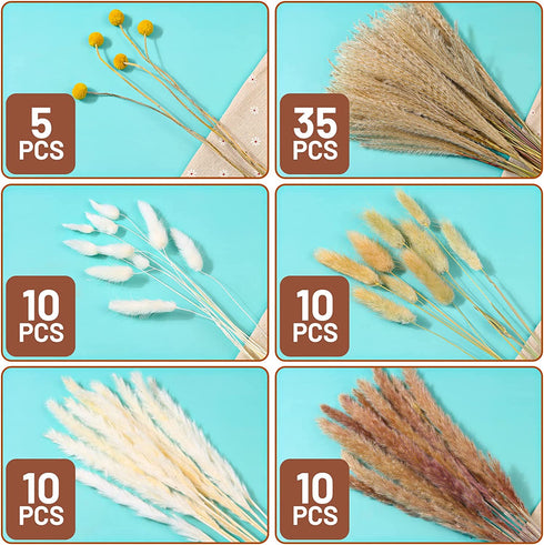 Mckanti Dried Pampas Grass, 80 Pcs Natural Pampas Grass, with 6 Colors DIY 17.7" Pampas Grass Dried Flowers, Boho Home Wedding Party Decor.
