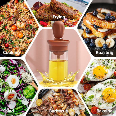 HOFORIFE Glass Olive Oil Bottle And Brush 2 In 1, Silicone Dropper Measuring Oil Dispenser Bottle Kitchen Cooking Baking BBQ Grill Vinegar Turkey Basting Pastry Brushes