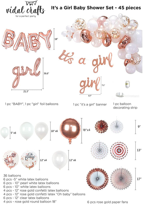 VIDAL CRAFTS Rose Gold Baby Shower Decorations for Girl, It's a Girl Banner, BABY Girl Foil Balloons, 36 Pieces Rose Gold Balloon Arch, Confetti Balloons, Paper Fans, Rose Gold and White Theme Décor