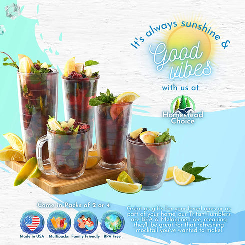 Insulated Tumblers 2-pack 26 oz Made in USA Great for Iced Coffee & Hot Drinks, Clear Double Wall Plastic Tumbler Cups, Microwave, Freezer & Top Rack Dishwasher Safe Reusable Cups by Homestead Choice