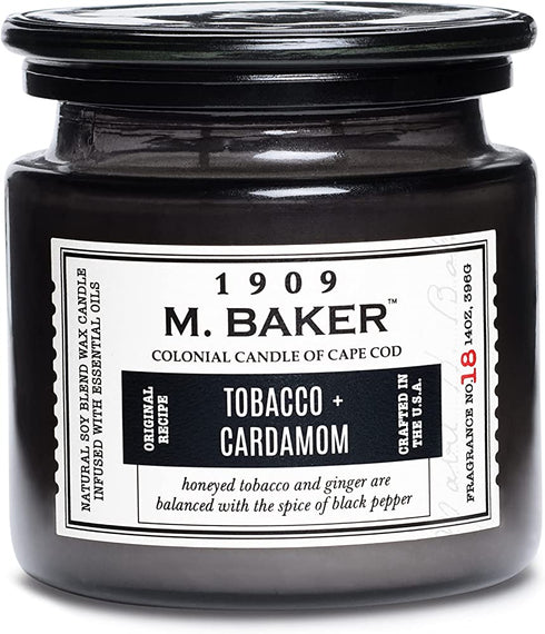 Colonial Candle Tobacco & Cardamom Scented Jar Candle, M. Baker Collection, 2 Wick, Grey, 14 oz - Up to 60 Hours Burn