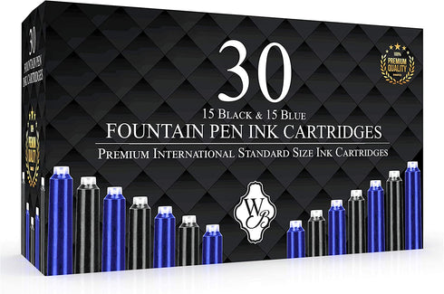 Wordsworth & Black Fountain Pen Ink Refills - Set of 15 Black - 15 Blue Ink Cartridges - International Standard Size - Length APPR 2.04 Inch - Base Diameter APPR 0.24 Inch - Disposable and Generic