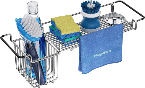 Telescopic Sink Caddy Sponge Holder, Expandable 13-3/4" to 18" Kitchen Sink Organizer with Dish Clothes Hanger for Brush Dishwashing Liquid, Over Sink Rack Rustproof & Non-Slip, Stainless Steel