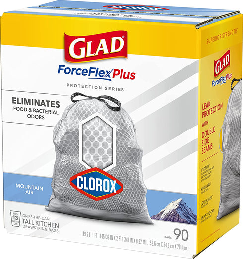 Glad Protection Series ForceFlex Plus Drawstring Mountain Air Odor Shield with Clorox 13 Gallon 1/90ct