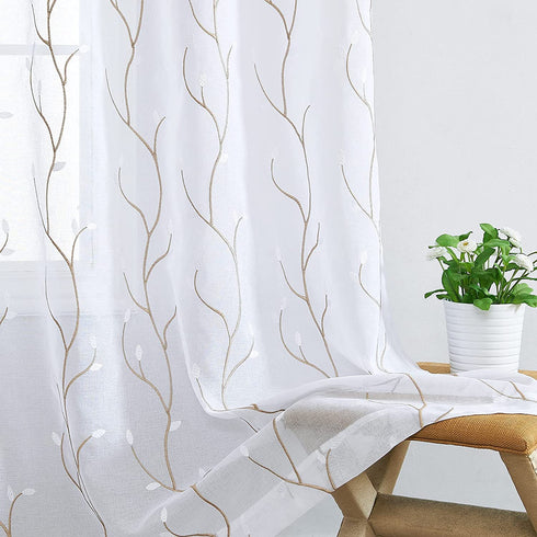 Lazzzy Sheer Curtains for Bedroom 84 Inch Length Floral Embroidered White Sheers for Living Room Embroidery Voile Grommet Window Curtain Panels Set 2 Pcs