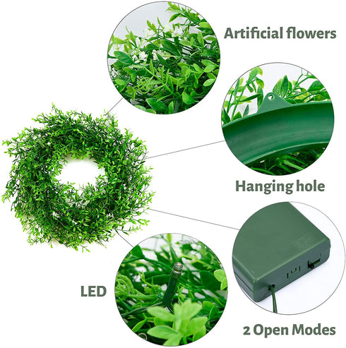 Kurala 20 Inches Artificial Green Leaf Wreath with 40 Led Lights and Timer Battery Operated Front Door Wall Window Party Decoration