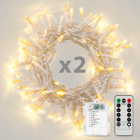 Koxly String Lights, 2 Pack Battery Operated String Lights with Remote Timer Waterproof 8 Modes 36ft 100 LED String Lights for Bedroom,Garden,Party,Xmas Tree Indoor Outdoor Decorations, Warm White