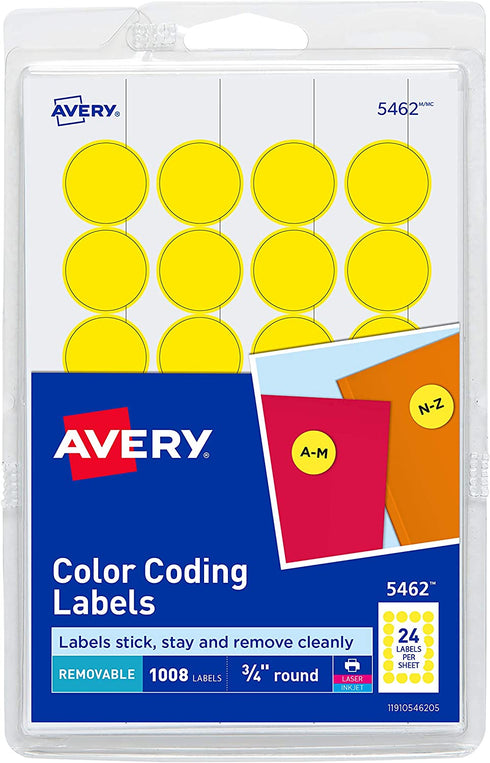 Avery Print/Write Self-Adhesive Removable Labels, 0.75 Inch Diameter, Yellow, 1,008 per Pack (5462)
