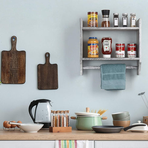 BTY Wood Towel Rack Bathroom Shelves with Towel Bar, Farmhouse Torched 2-Tier Wall Mounted Bathroom Rack Holder Hanging Storage Organizer with Shelf for Kitchen, Bathroom - Rustic Grey