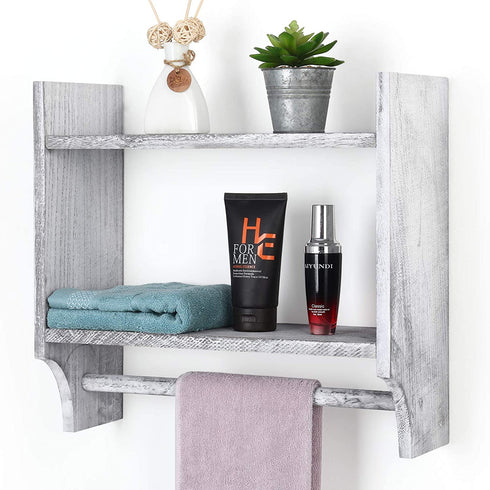 BTY Wood Towel Rack Bathroom Shelves with Towel Bar, Farmhouse Torched 2-Tier Wall Mounted Bathroom Rack Holder Hanging Storage Organizer with Shelf for Kitchen, Bathroom - Rustic Grey