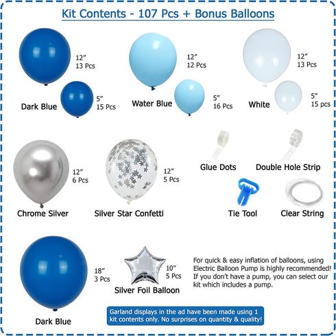 Blue Balloon Arch Kit 107+ pcs - 16 Ft Blue Balloon Garland Kit Dark Blue Balloons Water Blue White Chrome Silver Star Balloon Baby Shower Balloons Boy Birthday Party Globos Azules WF