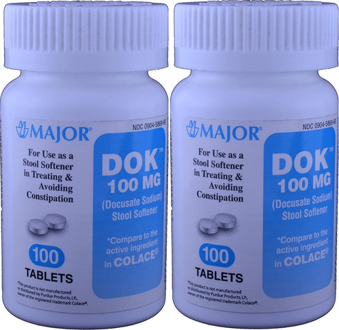 Docucate Sodium 100 mg Crushable Tablets for Gentle, Reliable Relief from Occasional Constipation Generic for Colace Crushable 100 Tablets per Bottle Pack of 2 Bottles Total 200 Tablets