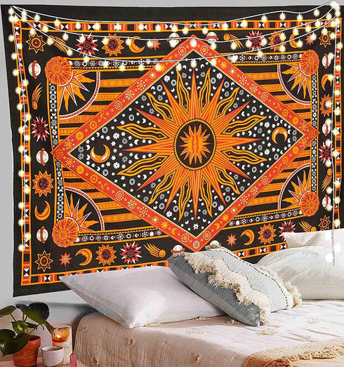 Raajsee Sun And Moon Tapestry Aesthetic- Burning Sun With Stars Mystic Wall Hanging Tapestries Hippie- Golden Celestial Tapestrys For Bedroom- Indie Wall Tapastry Hippie Room D©cor 82x92 inch