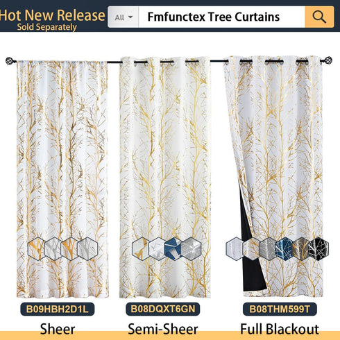 FMFUNCTEX Gold White Tree Sheer Curtains 45" Length Foil Branch Tree Curtain Panels for Living Room Bedroom Light Filtering Curtain Panels for Small Windows Rod Pocket 2 Panels