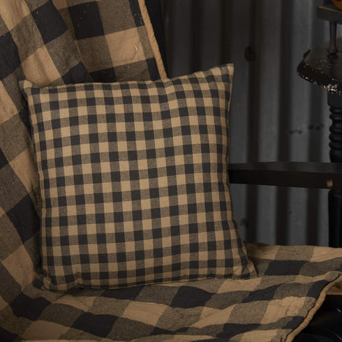 VHC Brands Black Check Fabric Pillow 12x12 Country Rustic Design, Black and Tan